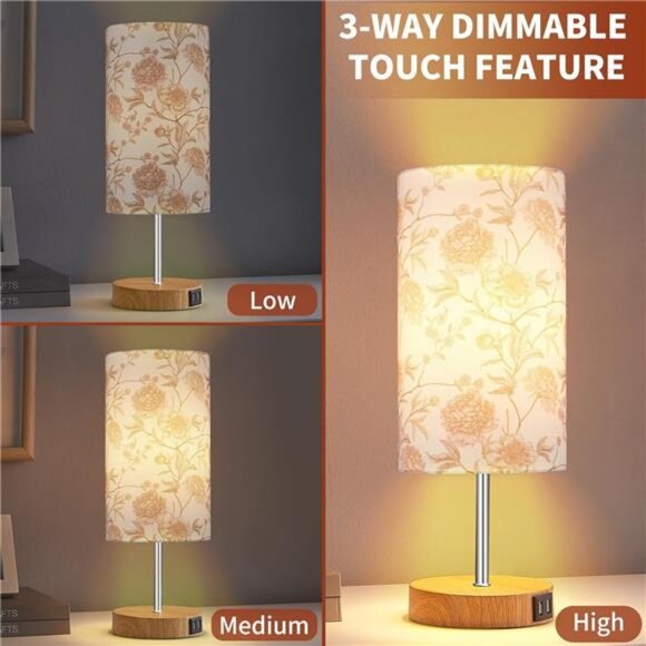 Bedside Touch Lamp, Wood Small Table lamp with 2 USB Charging Ports & Flower - Picture 3 of 7